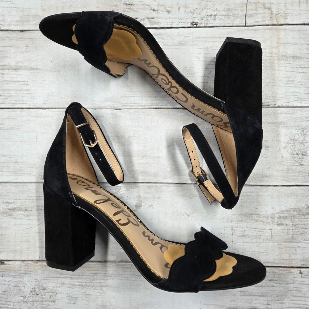 Sam Edelman Sandals Womens 7M Black Odila Suede Scalloped Block Heel Ankle Strap